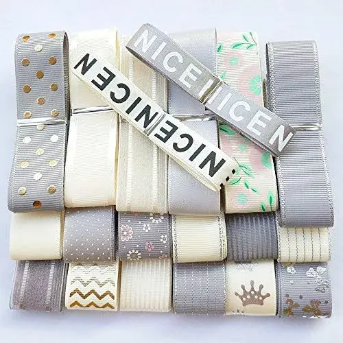 Libiline Assorted Grey Beige Satin Organza Grosgrain Ribbon Craft DIY Packing Hair Bow Accessory 25mm (1 inch) | Random 20 Yards - view 2