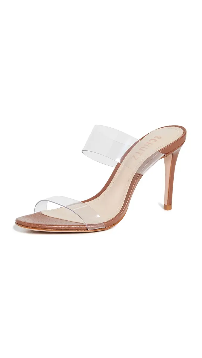 SCHUTZ Ariella Sandals 7.5 Medium US | Wood, Brown, Clear, Heeled 90mm - main product image