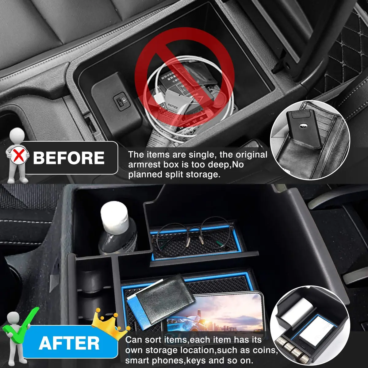 Autorder Center Console Organizer for Kia Forte 2019-2024 | Secondary Insert Tray with 2 Color Mats - view 6