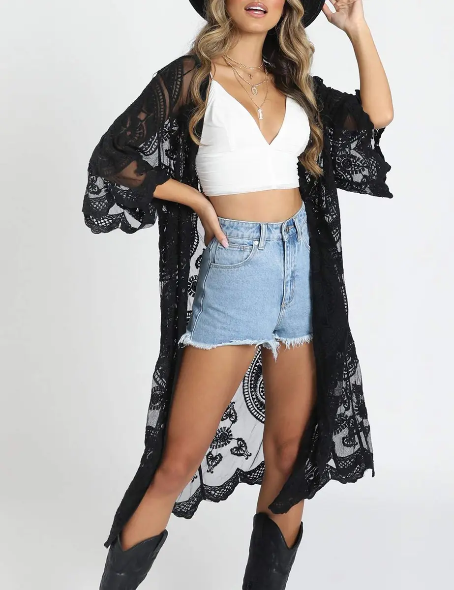 Bsubseach Women Lace Cardigan Beach Kimono Open Front Swimsuit Cover Ups | Sheer Flowy Lightweight - view 3