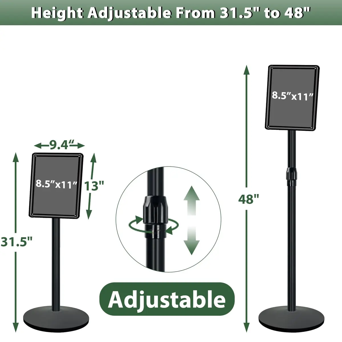 Mutualsign Heavy Duty Pedestal Sign Holder Stand, Adjustable Aluminum Frame, 8.5 x 11 Inches, Black - view 3