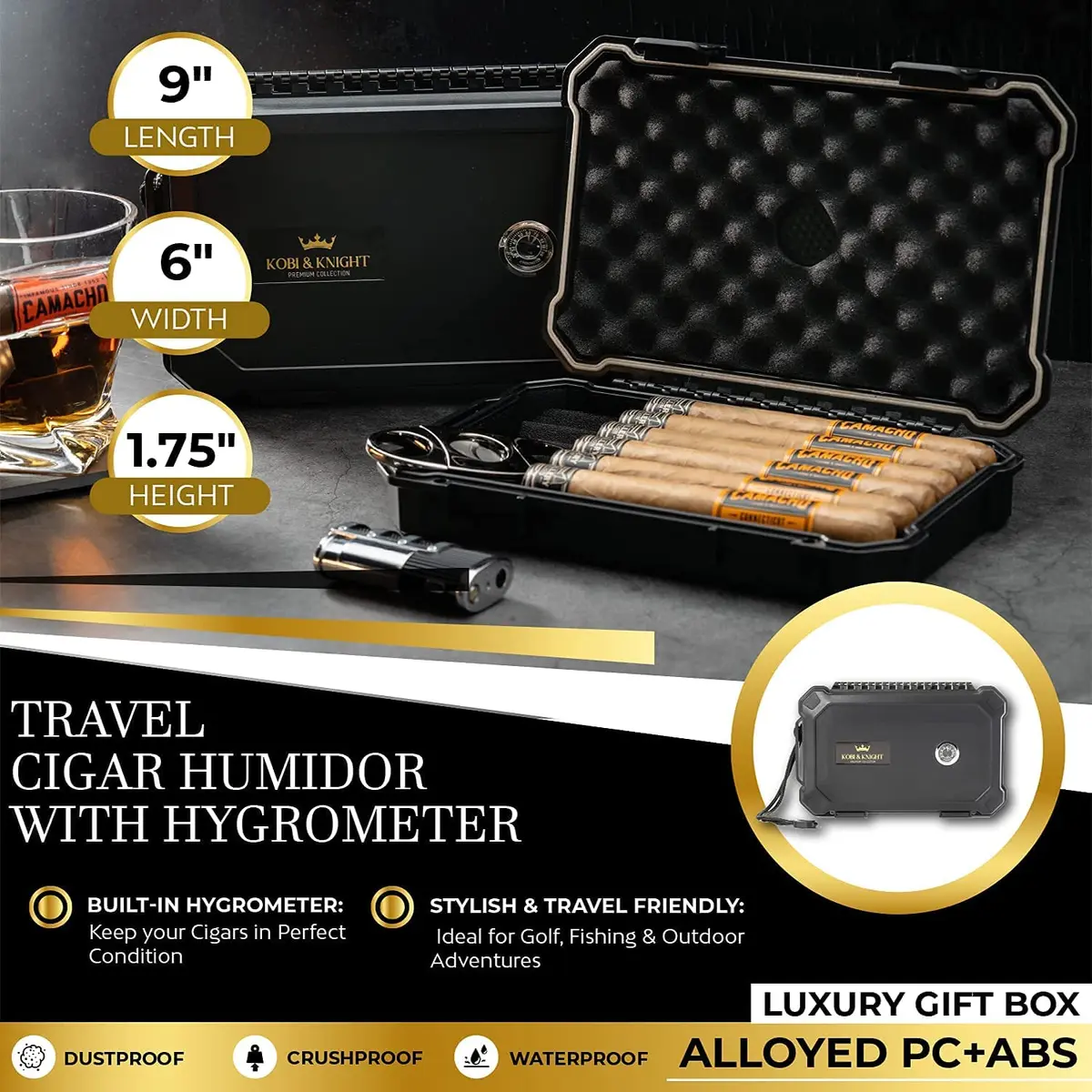 Kobi & Knight Travel Cigar Humidor with Hygrometer | Waterproof, Shockproof & Portable for 6 x 8-Inch Cigars - view 3