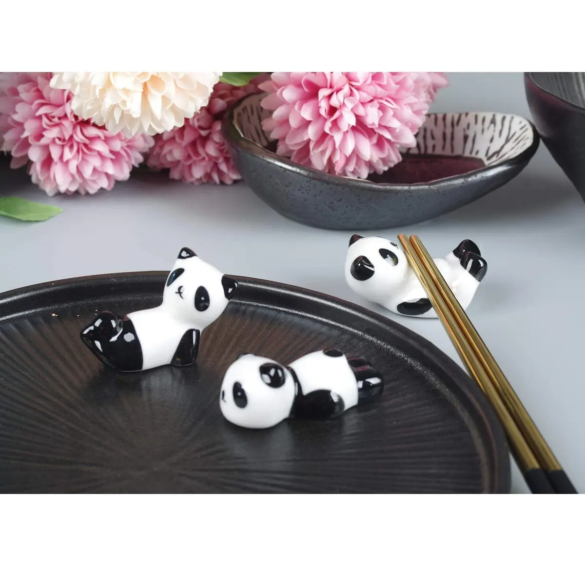 XINYU Cute Ceramic Panda Chopstick Rests (6-Pack, Black/White) | Set of 6 Animal Print Holders for Dining Tables - view 3
