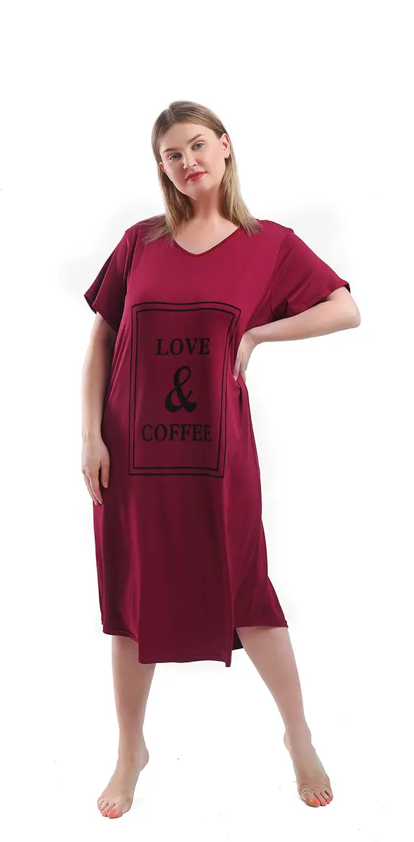 FEREMO Plus Size Nightgown for Women V Neck Short Sleeve Sleepwear (Red, 3X) | Comfortable, Plus Size Nightshirt - view 5