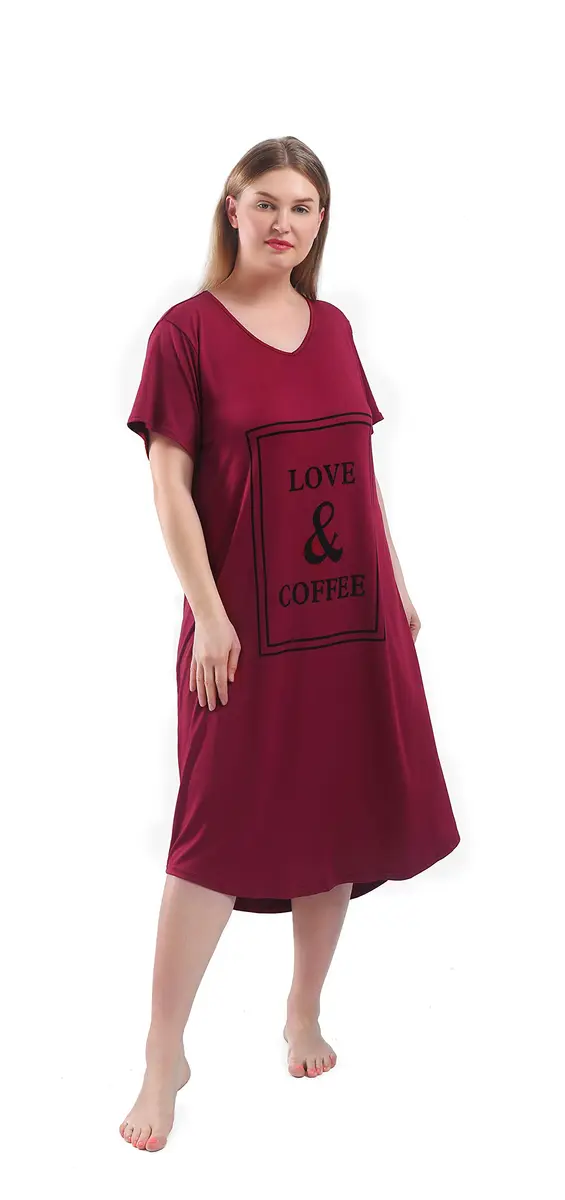 FEREMO Plus Size Nightgown for Women V Neck Short Sleeve Sleepwear (Red, 3X) | Comfortable, Plus Size Nightshirt - view 2
