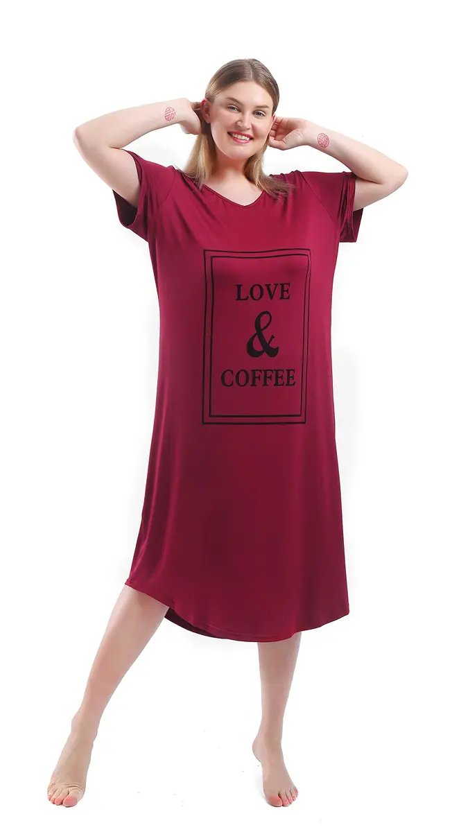 FEREMO Plus Size Nightgown for Women V Neck Short Sleeve Sleepwear (Red, 3X) | Comfortable, Plus Size Nightshirt - view 3