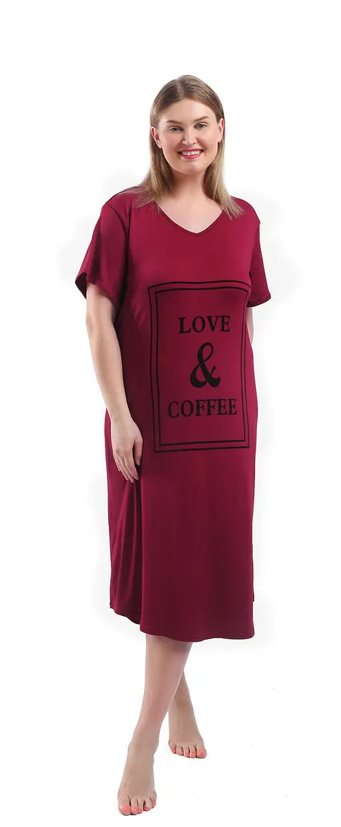 FEREMO Plus Size Nightgown for Women V Neck Short Sleeve Sleepwear (Red, 3X) | Comfortable, Plus Size Nightshirt - view 4