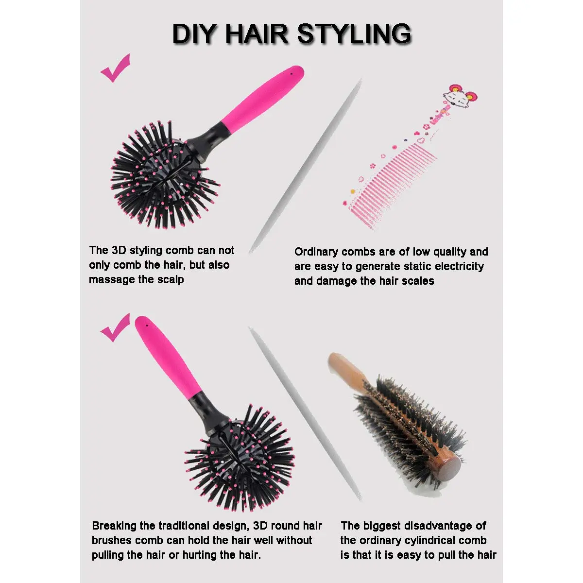 Aaiffey 3D Round Hair Brush 10.5cm (4.13in) Ball Diameter | Detangling & Blow Drying Styling Tool - view 3