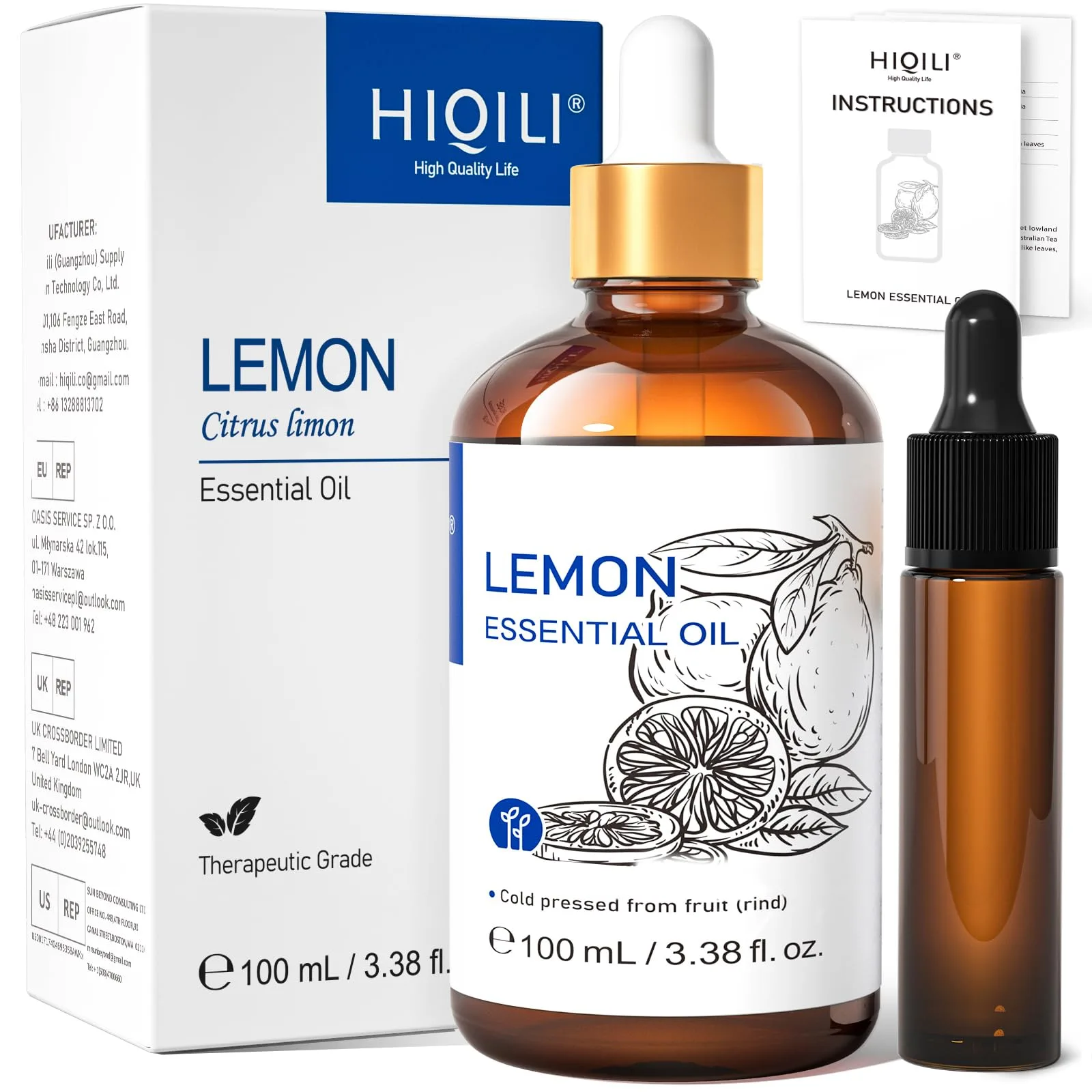 HIQILI Lemon Essential Oil 3.38 Fl Oz (100ML) | Pure Cold-Pressed Italian Lemon Scent for Cleaning & Aromatherapy - main product image
