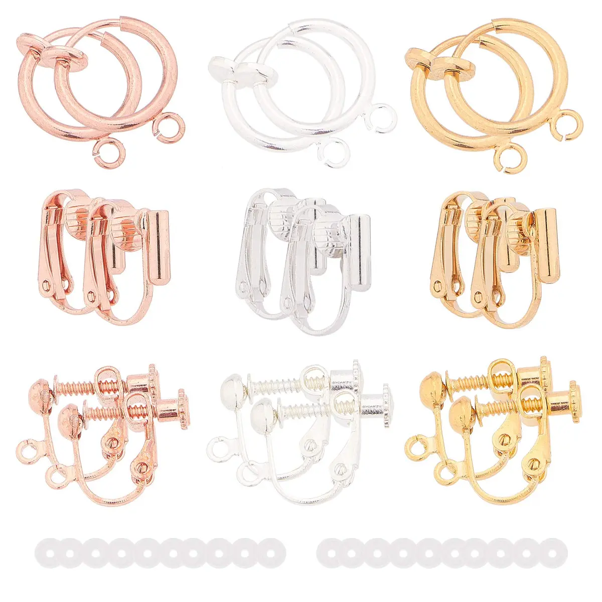 SUNNYCLUE 18Pcs 3 Colors Clip-on Earrings Converter Brass Non Pierced Earring Findings & 20Pcs Plastic Earring Pads for DIY Jewelry Making - main product image