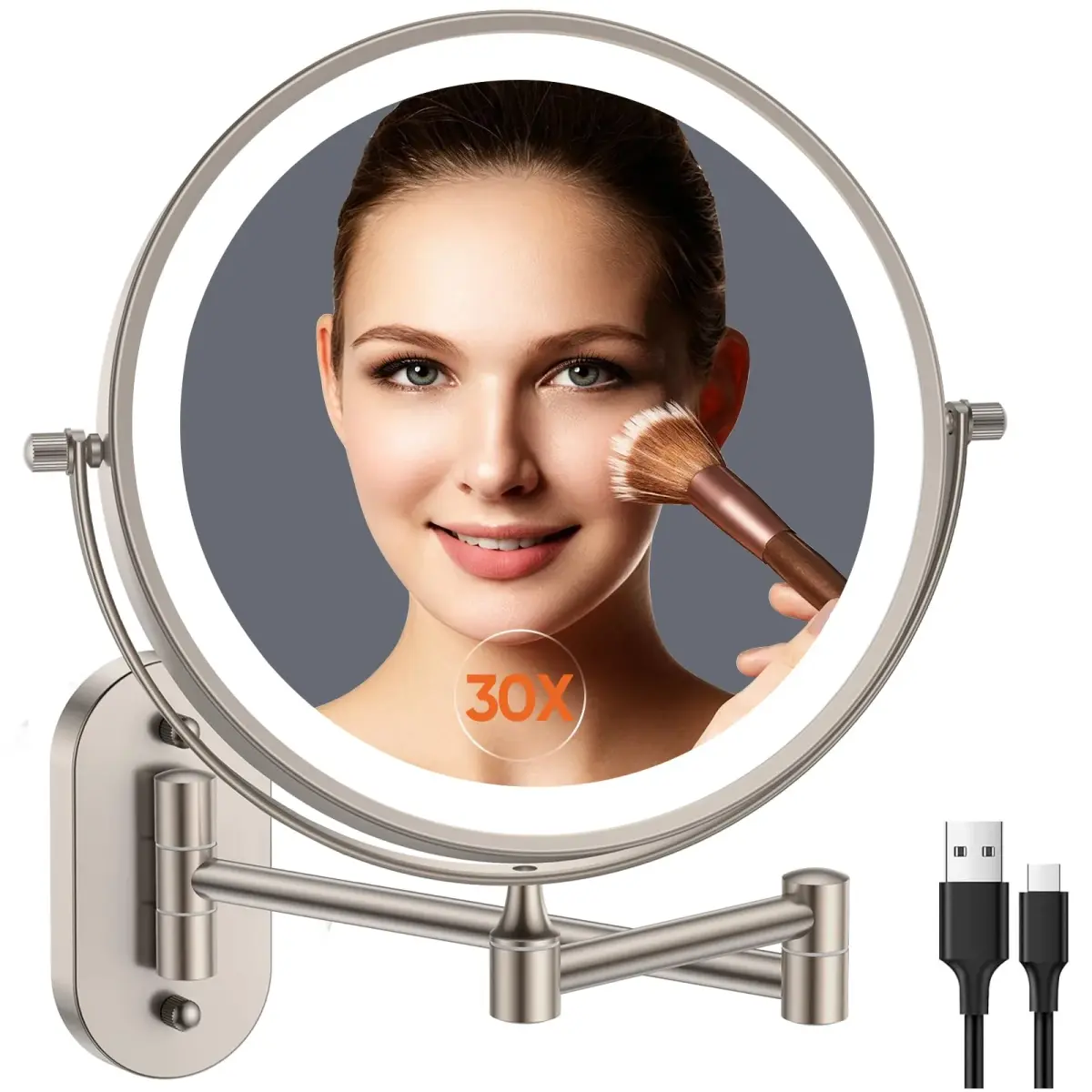 FUNTOUCH Rechargeable Wall Mounted Lighted Makeup Vanity Mirror 20 cm (8 Inch) | 1X/30X Magnification, 3 Color Lights - main product image