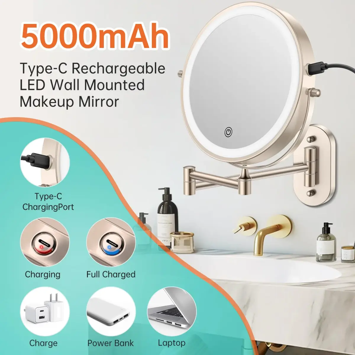 FUNTOUCH Rechargeable Wall Mounted Lighted Makeup Vanity Mirror 20 cm (8 Inch) | 1X/30X Magnification, 3 Color Lights - view 2