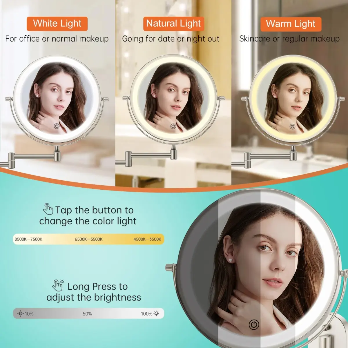 FUNTOUCH Rechargeable Wall Mounted Lighted Makeup Vanity Mirror 20 cm (8 Inch) | 1X/30X Magnification, 3 Color Lights - view 3