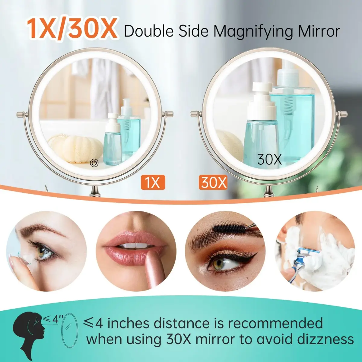 FUNTOUCH Rechargeable Wall Mounted Lighted Makeup Vanity Mirror 20 cm (8 Inch) | 1X/30X Magnification, 3 Color Lights - view 4