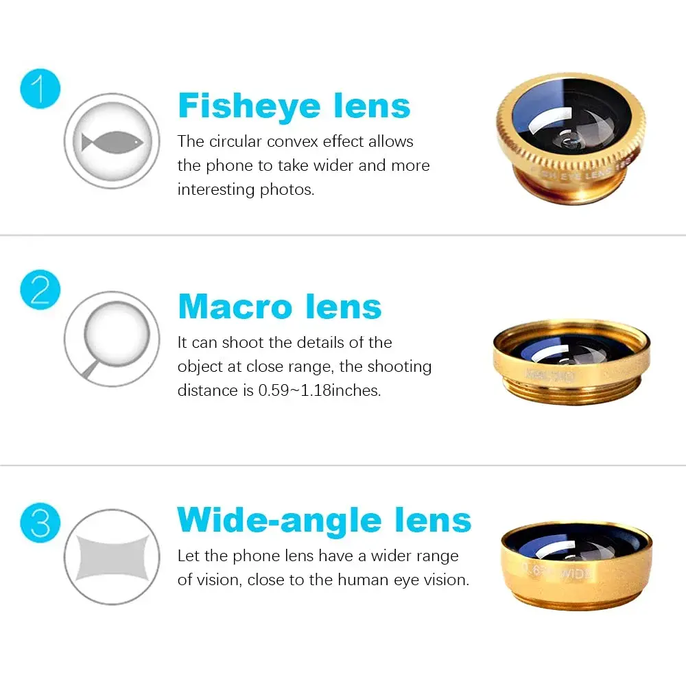 ANJIELO SMART 3-in-1 Cell Phone Camera Lens Kit Wide Angle Macro Fisheye Gold | Universal Clip-on Photography Accessory - view 3