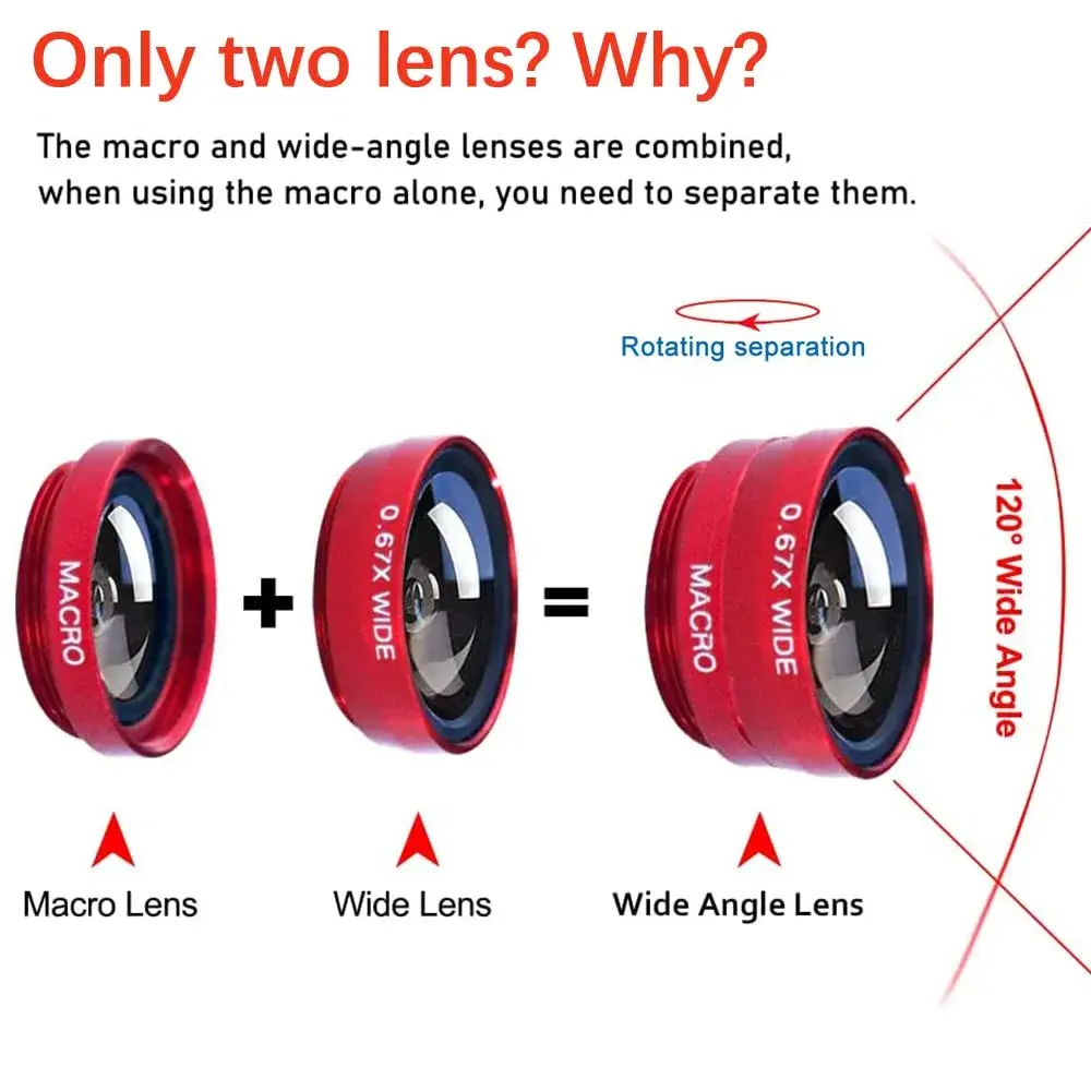 ANJIELO SMART 3-in-1 Camera Lens Kit for Phones - Wide Angle, Macro, Fisheye (Red) | Universal Clip-On for Photography - view 2