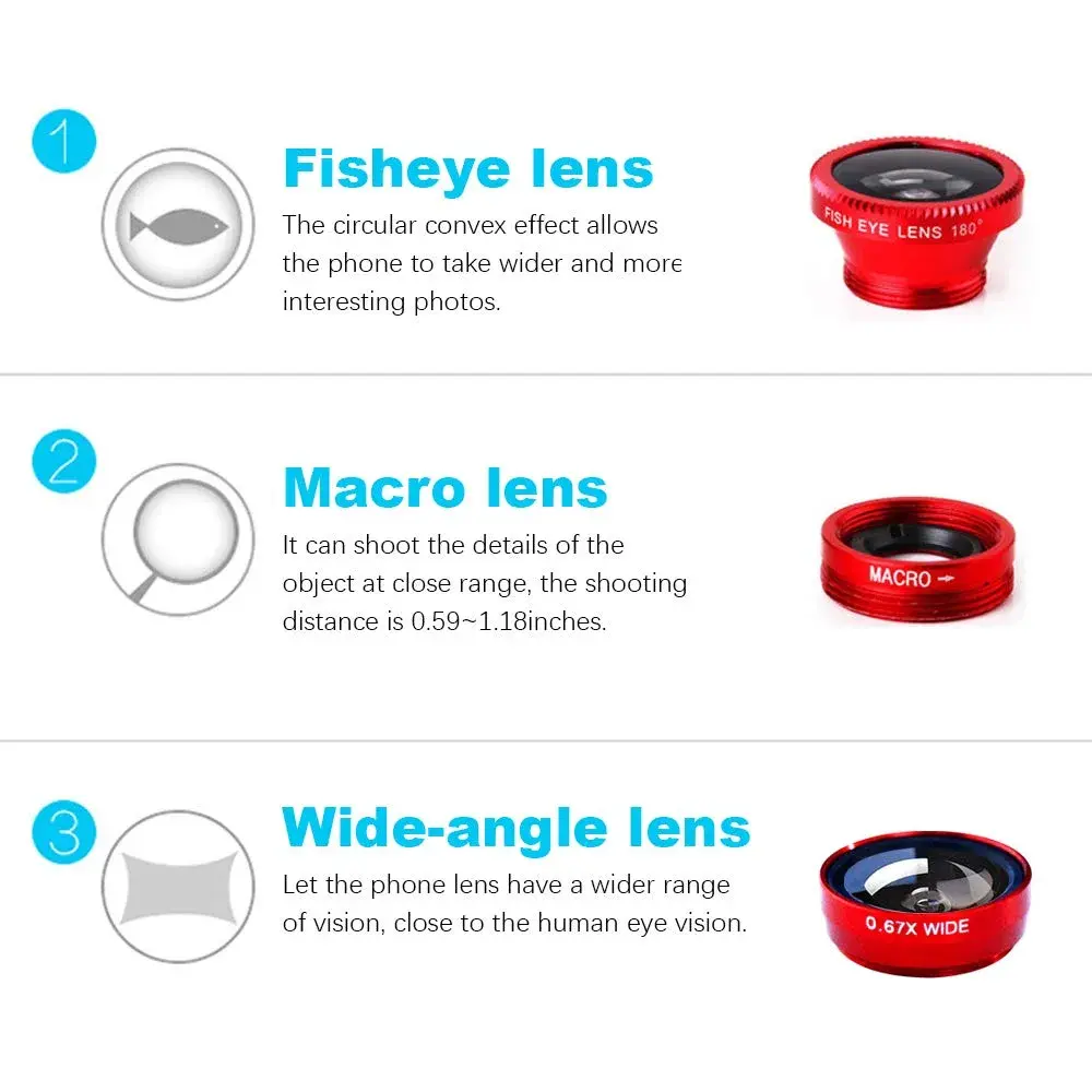 ANJIELO SMART 3-in-1 Camera Lens Kit for Phones - Wide Angle, Macro, Fisheye (Red) | Universal Clip-On for Photography - view 3