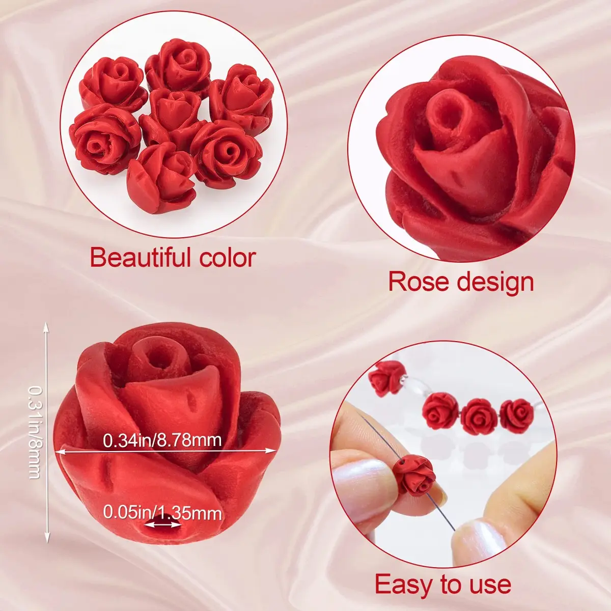 OIIKI Cinnabar Carved Rose Beads 8mm (100PCS) | Authentic USA Import for Jewelry Making - view 2