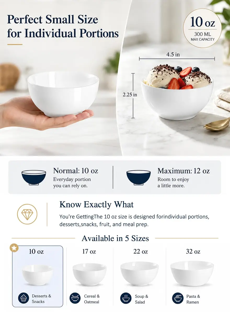 Yedio 10 OZ White Ceramic Soup Bowls of 6 | Small Porcelain Bowls for Kitchen & Dining - view 5