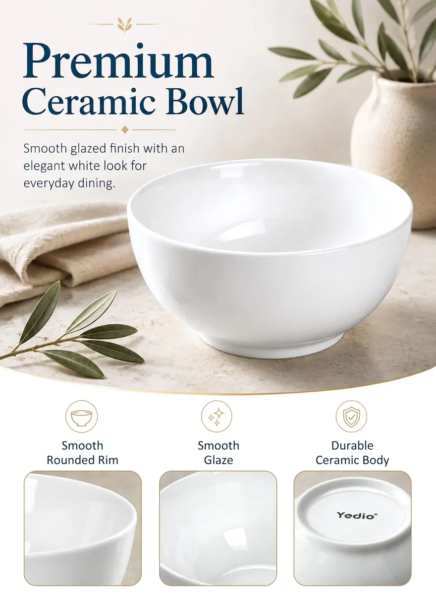Yedio 10 OZ White Ceramic Soup Bowls of 6 | Small Porcelain Bowls for Kitchen & Dining - view 6