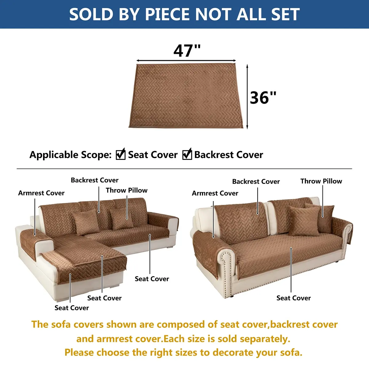 Eismodra Couch Cover for 3 Cushion Sofa | Anti-Slip Sectional Slipcover in Brown, 36"x47" - view 5