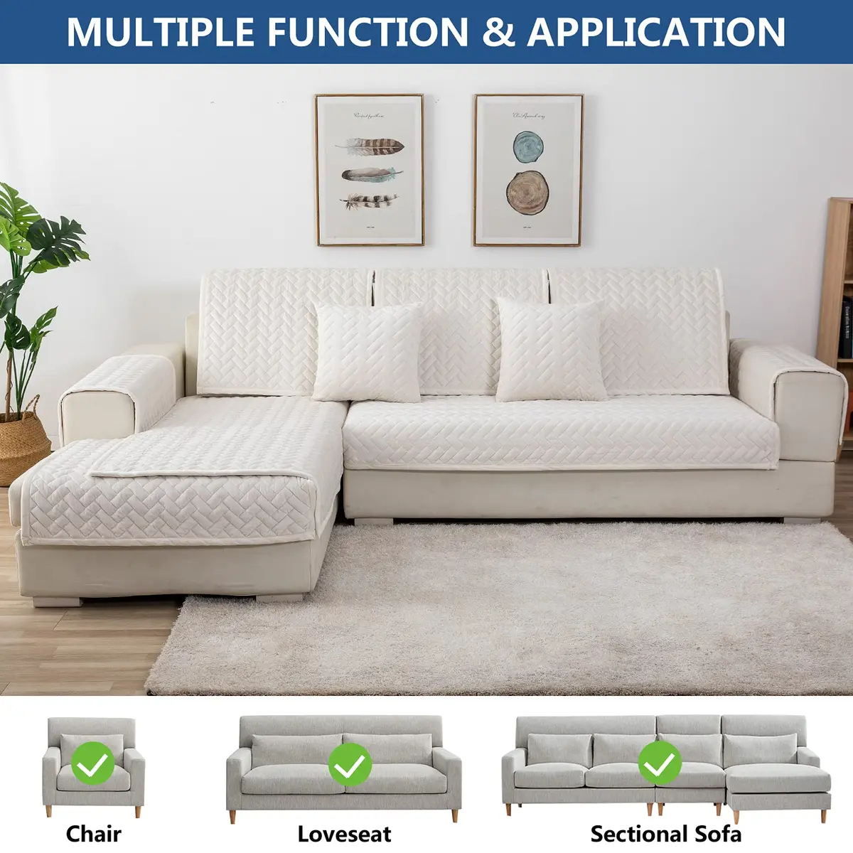 Eismodra White 1 Piece Crystal Velvet Sofa Cover 109cm x 178cm | Protects Furniture from Pets & Spills - view 2