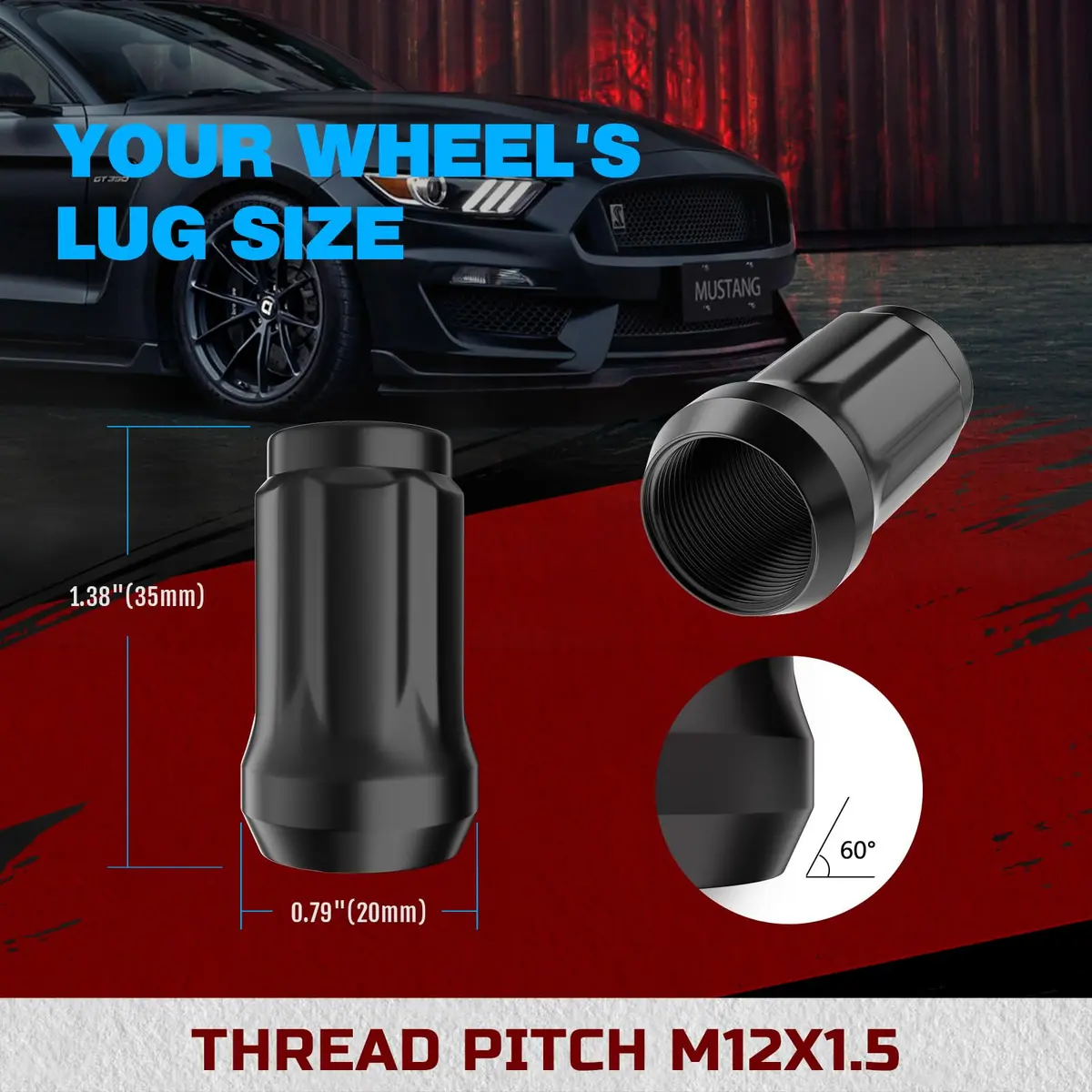 JiiinMiiin M12x1.5 20pcs Black Lug Nuts Set with Socket Key | 6-Spline Locking Safety - view 2