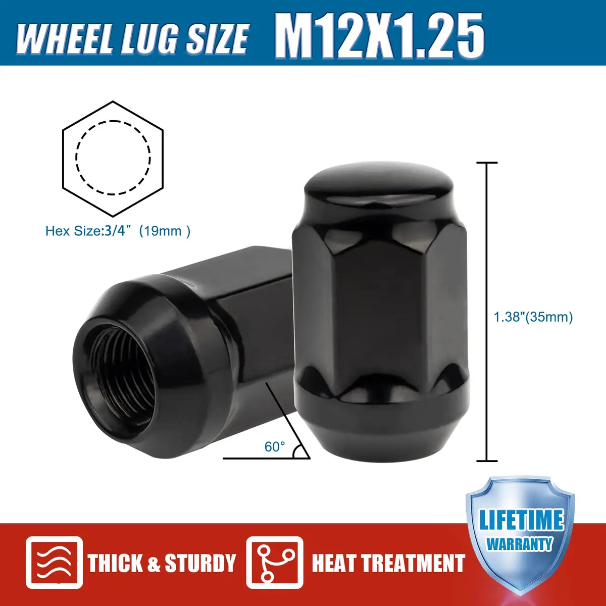 JiiinMiiin M12x1.25 Black Lug Nuts with Cone Seat, 20PCS | Durable Alloy Steel, Rust-Resistant - view 3
