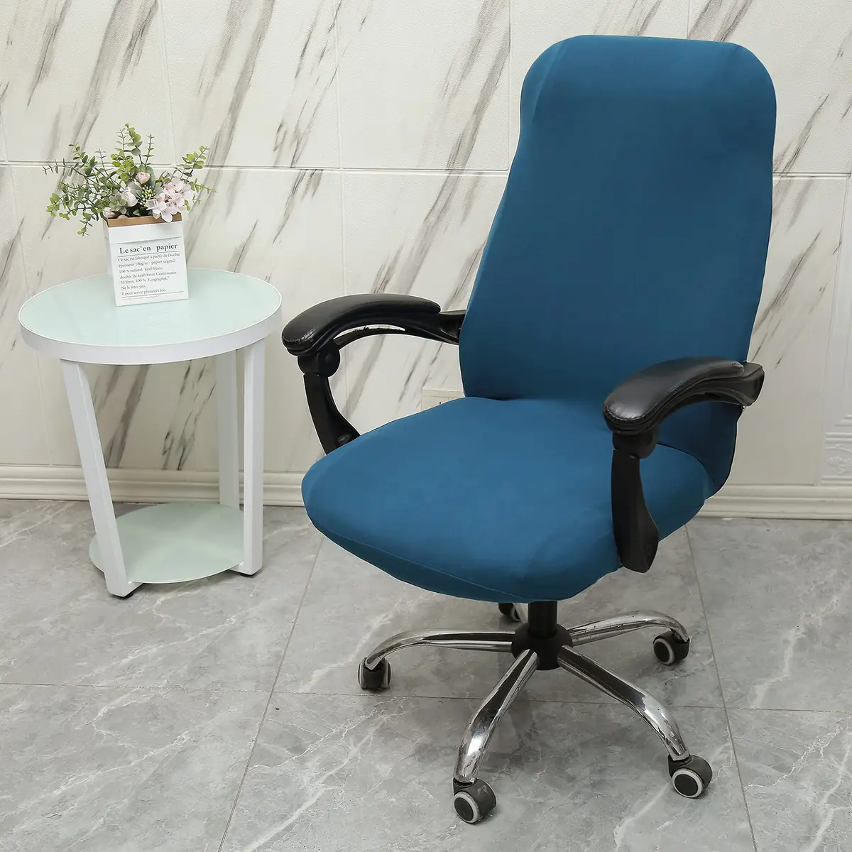 WOMACO Printed Office Chair Cover Large | Modern Peacock Blue Stretch Slipcover - view 2