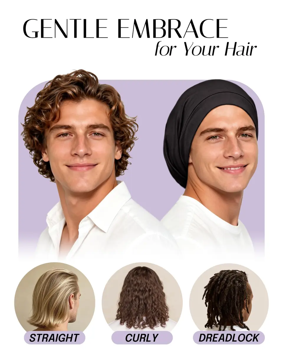 OLESILK 100% Mulberry Silk Bonnet for Sleeping, Mens Bonnet for Curly Hair, Black (10.5 inches Length x 11.5 inches Width) - view 3