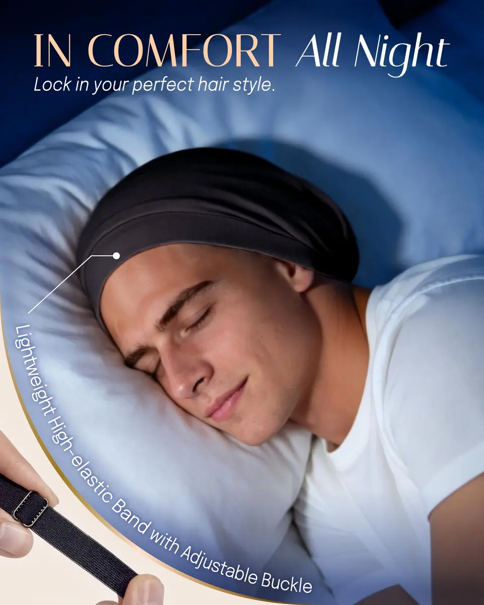 OLESILK 100% Mulberry Silk Bonnet for Sleeping, Mens Bonnet for Curly Hair, Black (10.5 inches Length x 11.5 inches Width) - view 4