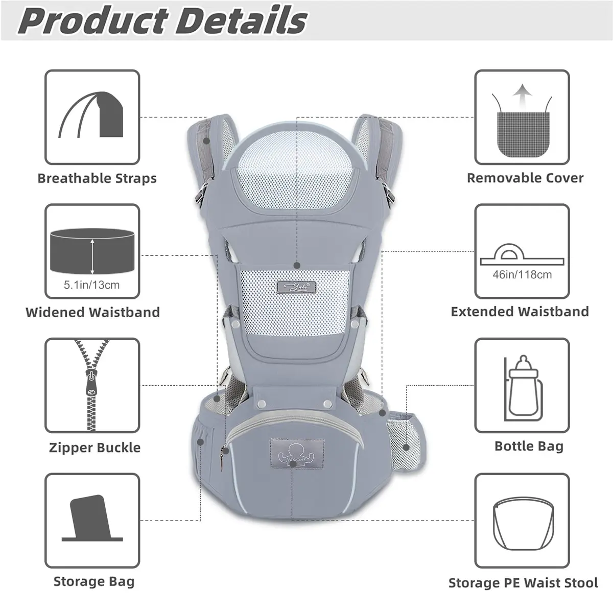 YSSKTC Ergonomic Baby Carrier Hip Seat for Newborns to Toddlers | 2.5-15kg (7-33lbs) Grey - view 2