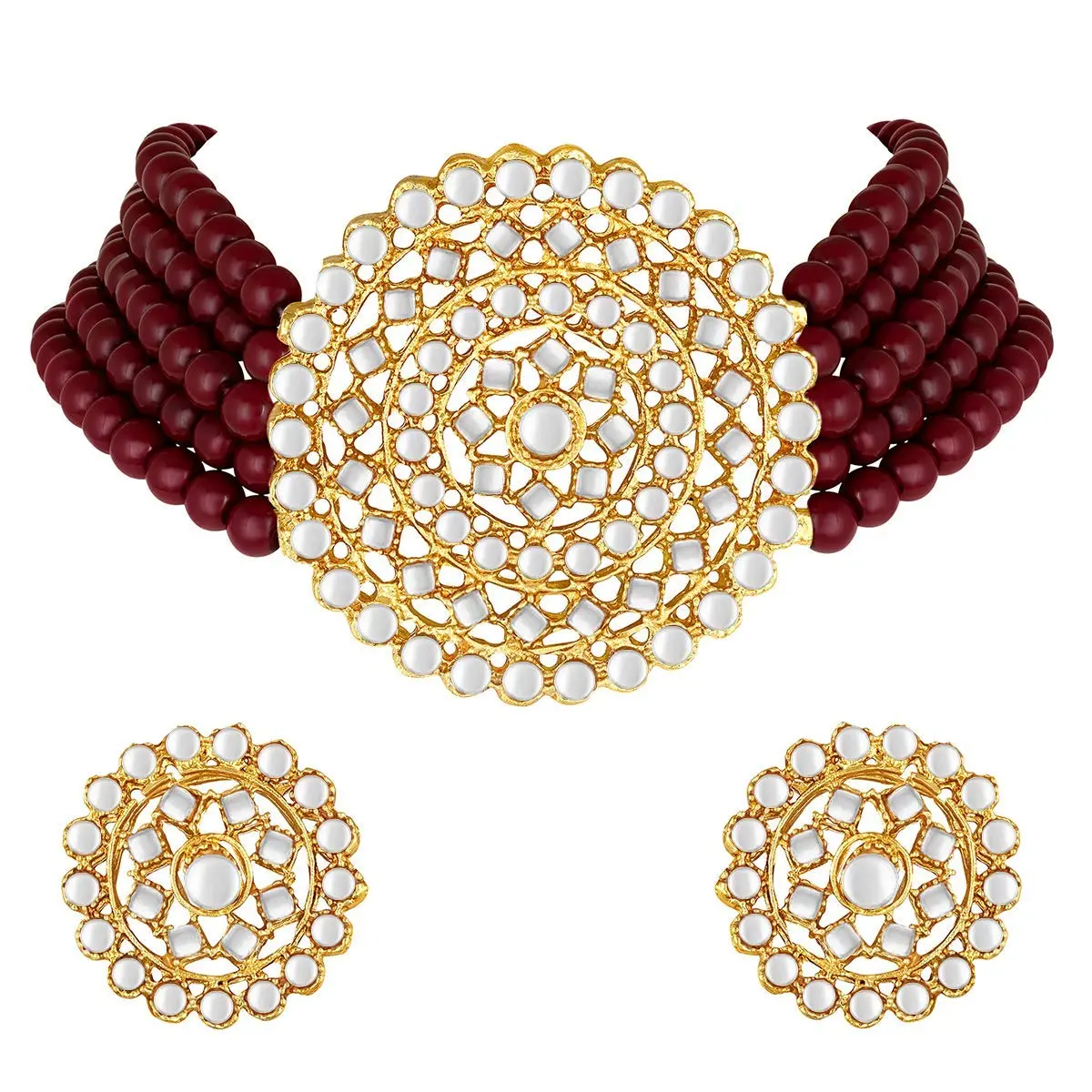 I Jewels 18K Gold Plated Beaded Choker Set with Moti Work & Maroon Kundan | 21 cm Necklace & 2.3 cm Earrings - main product image