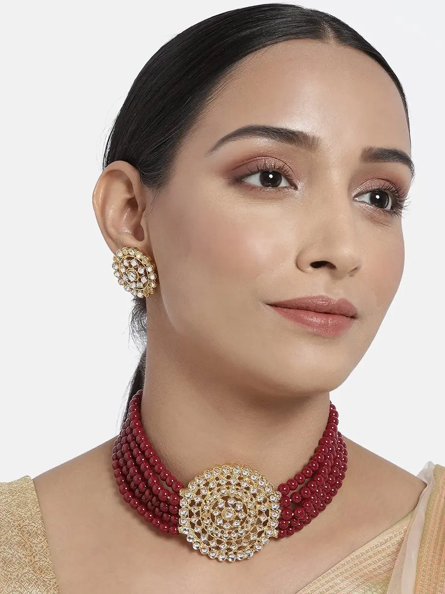 I Jewels 18K Gold Plated Beaded Choker Set with Moti Work & Maroon Kundan | 21 cm Necklace & 2.3 cm Earrings - view 2