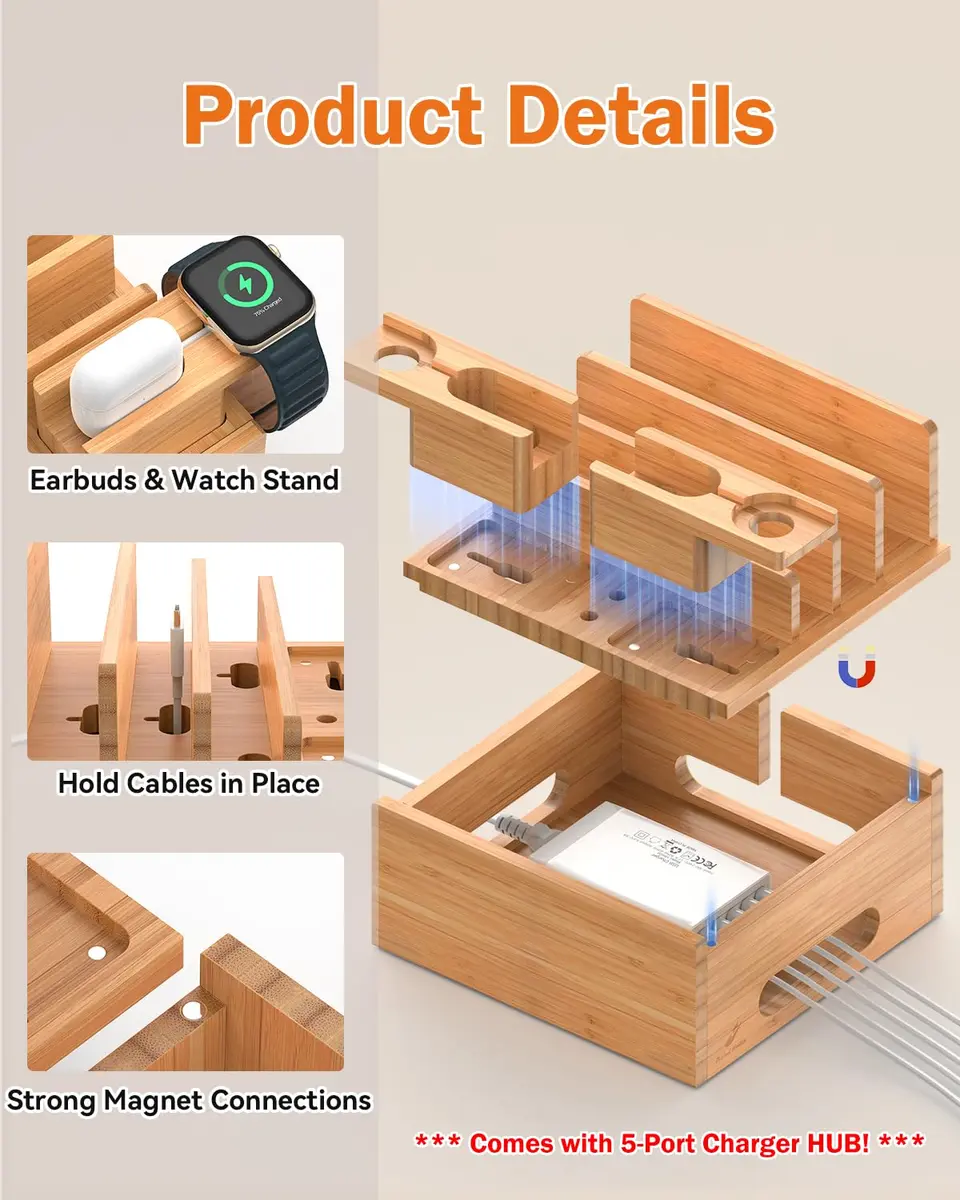Pezin & Hulin Bamboo Charging Station with 5-Port USB Charger & 5 Cables | Organizes Up to 7 Devices - view 5