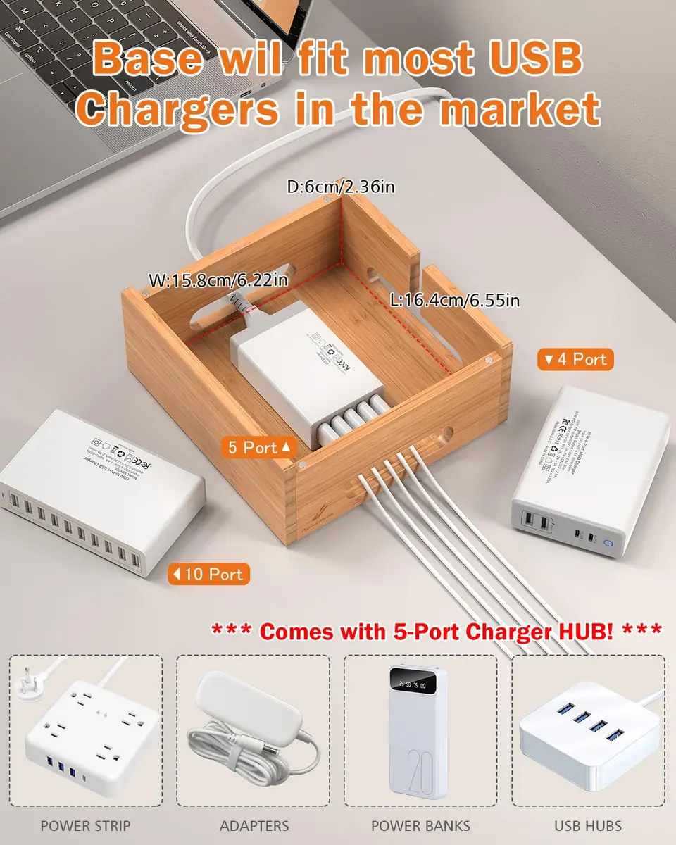 Pezin & Hulin Bamboo Charging Station with 5-Port USB Charger & 5 Cables | Organizes Up to 7 Devices - view 6