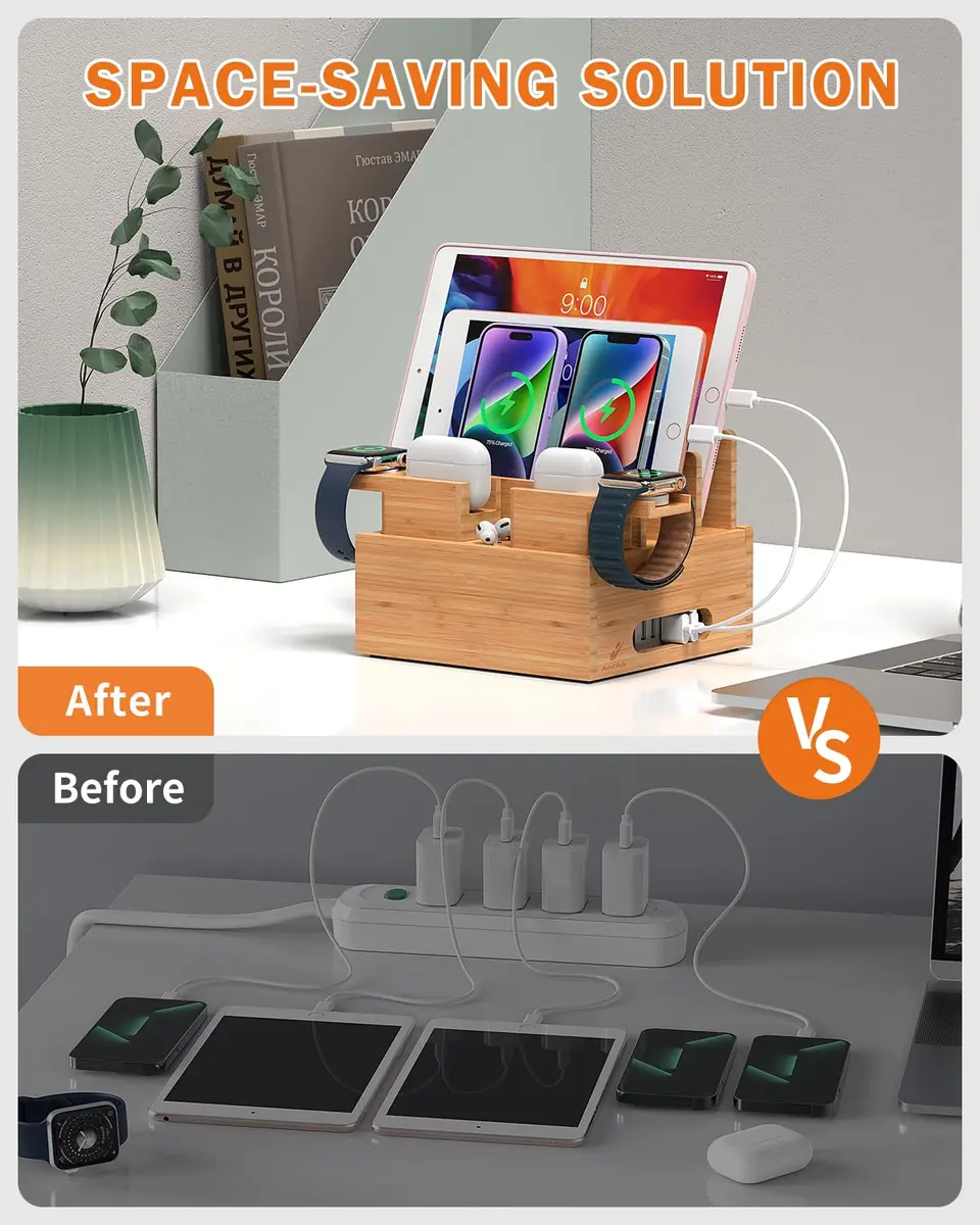 Pezin & Hulin Bamboo Charging Station with 5-Port USB Charger & 5 Cables | Organizes Up to 7 Devices - view 7