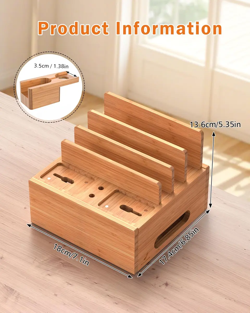Pezin & Hulin Bamboo Charging Station with 5-Port USB Charger & 5 Cables | Organizes Up to 7 Devices - view 8