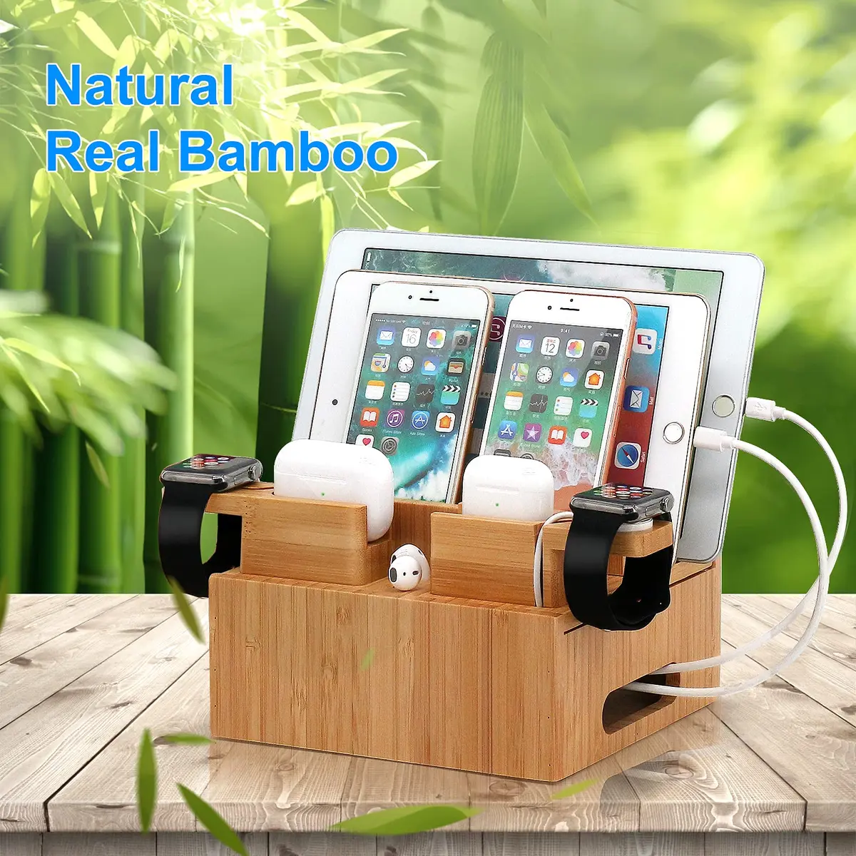 Pezin & Hulin Bamboo Charging Station with 5-Port USB Charger & 5 Cables | Organizes Up to 7 Devices - view 9