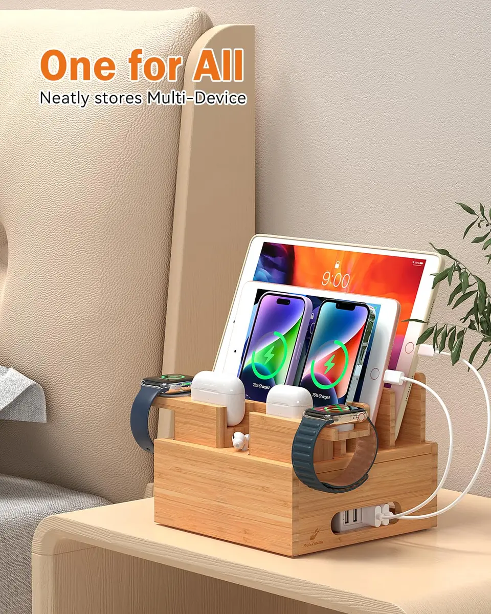 Pezin & Hulin Bamboo Charging Station with 5-Port USB Charger & 5 Cables | Organizes Up to 7 Devices - view 4