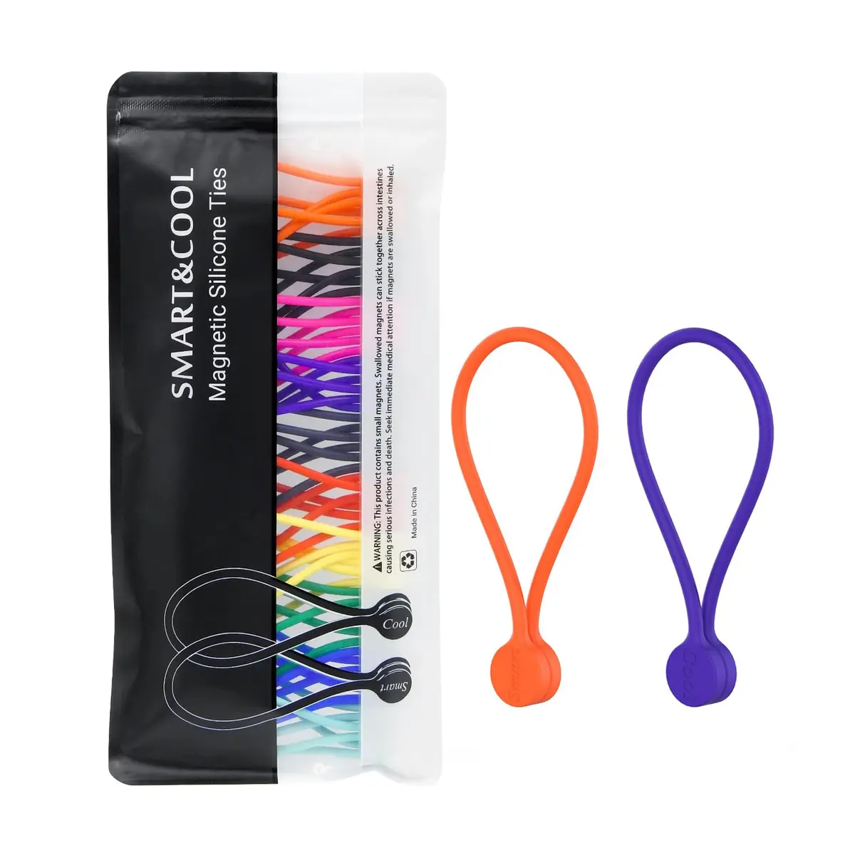Smart&Cool Reusable Silicone Magnetic Cable Ties, Multicolored, 30-Pack | Organize & Secure Cables with Magnetic Closure - main product image