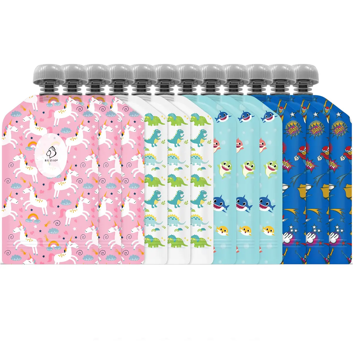 BUZIO Reusable Food Pouches 148ml (5oz) | Pack of 12, Animal Designs, Freezer Safe - main product image