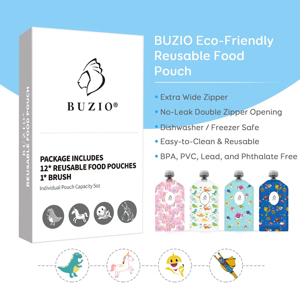 BUZIO Reusable Food Pouches 148ml (5oz) | Pack of 12, Animal Designs, Freezer Safe - view 6