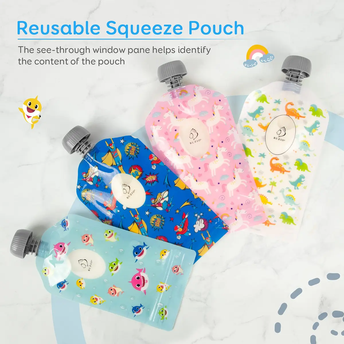 BUZIO Reusable Food Pouches 148ml (5oz) | Pack of 12, Animal Designs, Freezer Safe - view 3