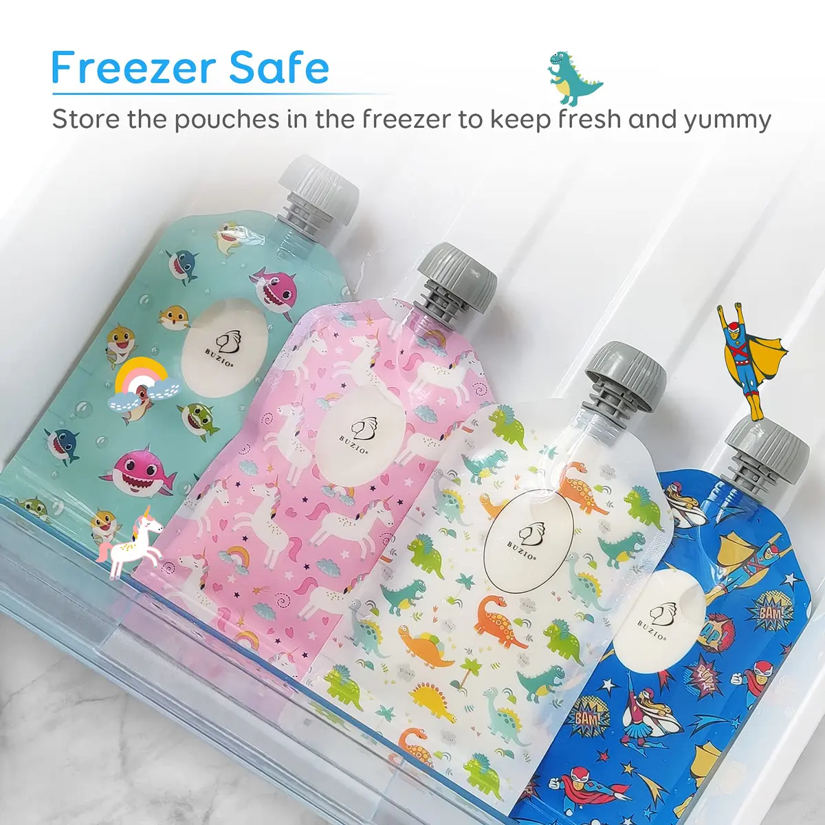 BUZIO Reusable Food Pouches 148ml (5oz) | Pack of 12, Animal Designs, Freezer Safe - view 4