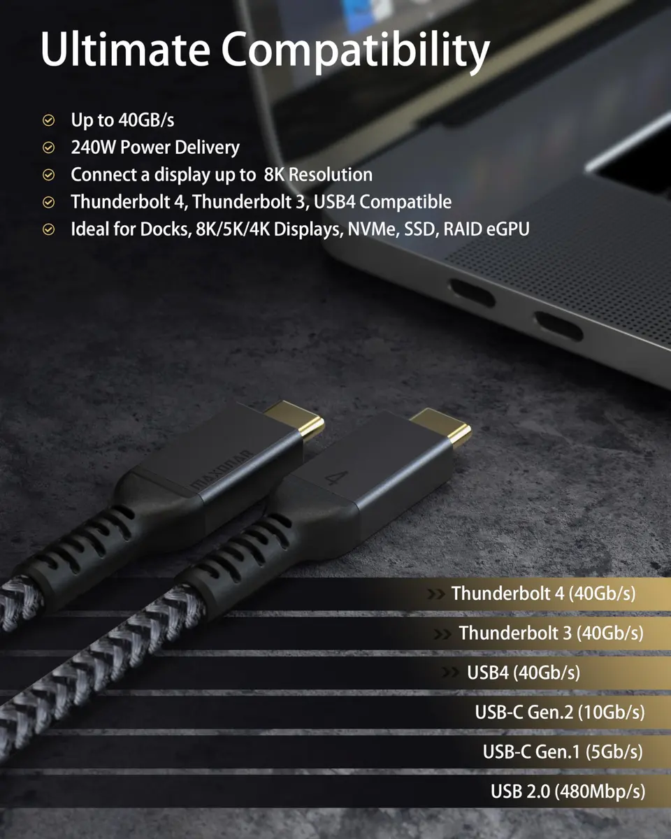 Maxonar Thunderbolt 4 Cable 4Ft | 240W Power, 8K/5K Video, 40Gbps Data, Nylon Braided - view 6