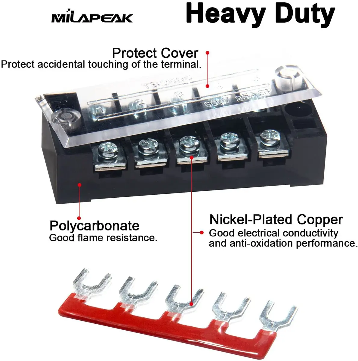 MILAPEAK Terminal Block 4/5/6 Circuits 600V 25A Dual Row | Secure Wiring with Cover (110 chars) - view 3
