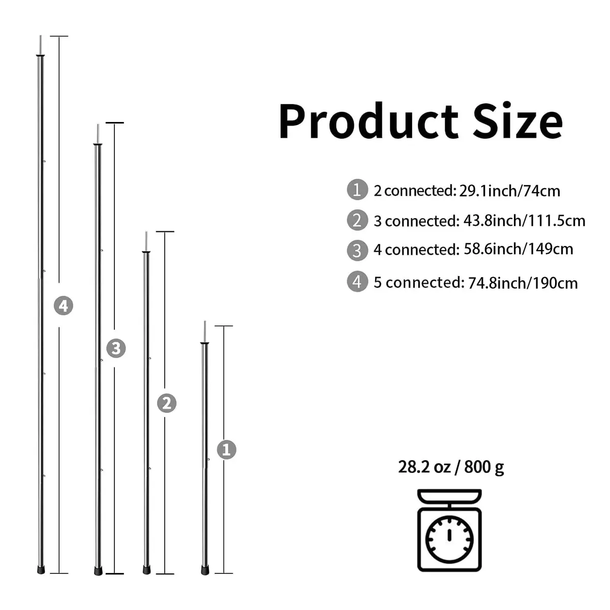 KOMCLUB Telescoping Tent Poles Set of 2 (198 cm / 78 in) | Adjustable Stainless Steel Poles for Tarps, Tents, and Shelters - view 2