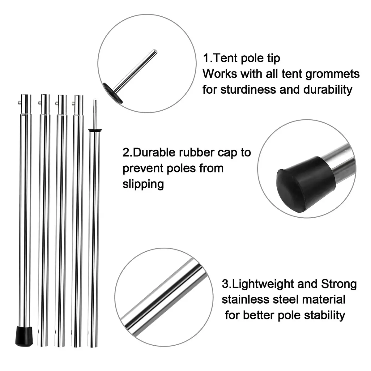 KOMCLUB Telescoping Tent Poles Set of 2 (198 cm / 78 in) | Adjustable Stainless Steel Poles for Tarps, Tents, and Shelters - view 3