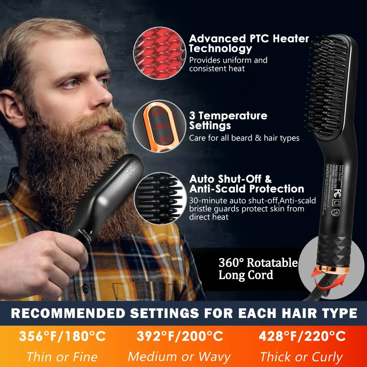 XIKEZAN Beard Straightener Grooming Kit for Men, Black 10.47" x 2" | 3 Heat Settings & Dual Voltage - view 3